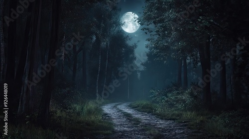 Moonlit Path Through a Dense Forest with Tall Trees and Patches of Moonlight Illuminating the Way. AI generated illustration