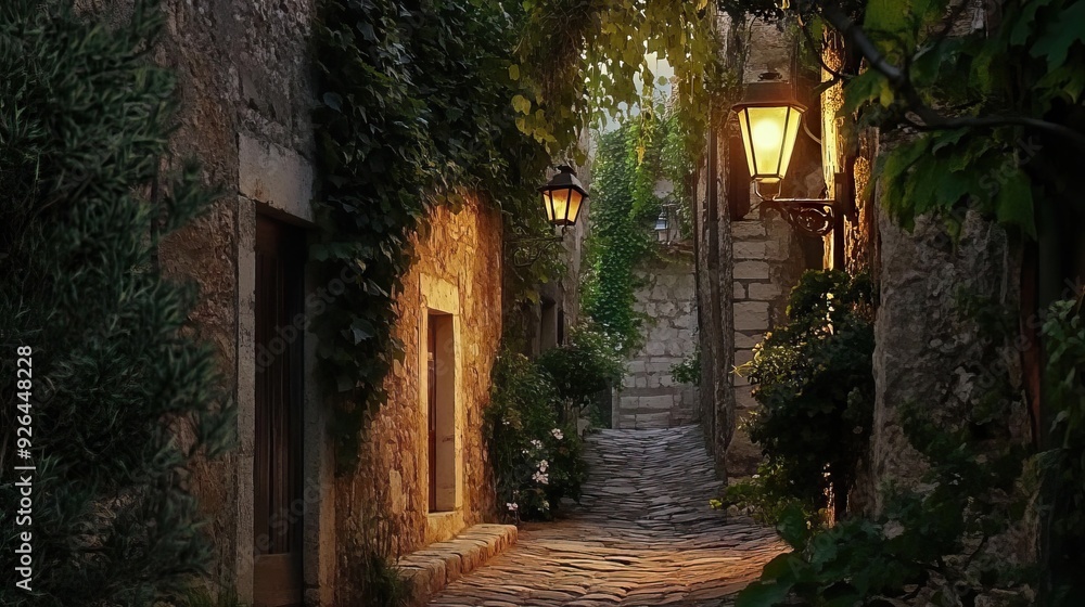 Narrow Alleyway in an Ancient Village with Cobblestone Streets, Ivy-Covered Walls, and Soft Lantern Light Illuminating the Path. AI generated illustration Narrow Alleyway in an Ancient Village with Cobblestone Streets, Ivy-Covered Walls, and Soft Lantern Light Illuminating the Path. AI generated illustration