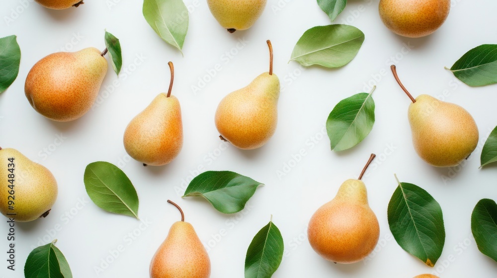 Close up pears and leaves on a white background. Pear fruit texture Close up pears and leaves on a white background. Pear fruit texture