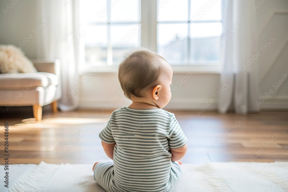Baby Sitting On White Rug Looking Out Window. Baby Sitting On White Rug Looking Out Window.