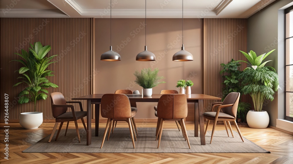 Fototapeta premium Minimalist retro style dining room with brown tone decor, chairs, and plants , retro, minimalist, dining room, brown tones
