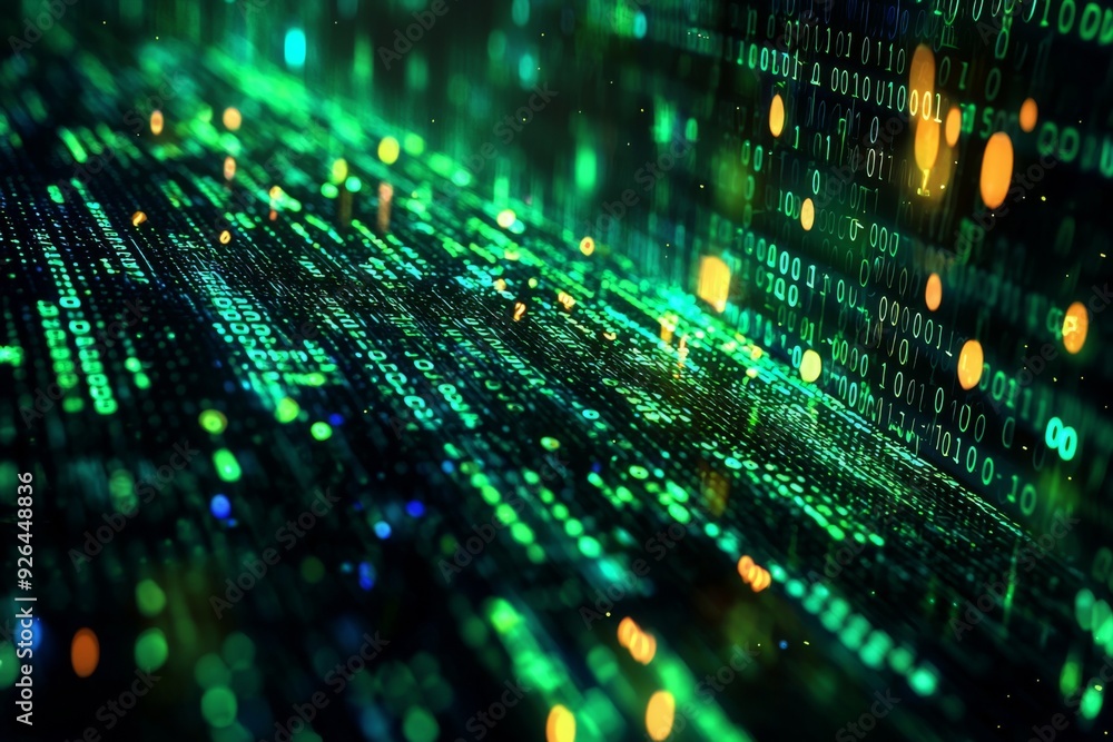 Green Dark Binary Code with Data Streaming Background created with Generative AI Green Dark Binary Code with Data Streaming Background created with Generative AI