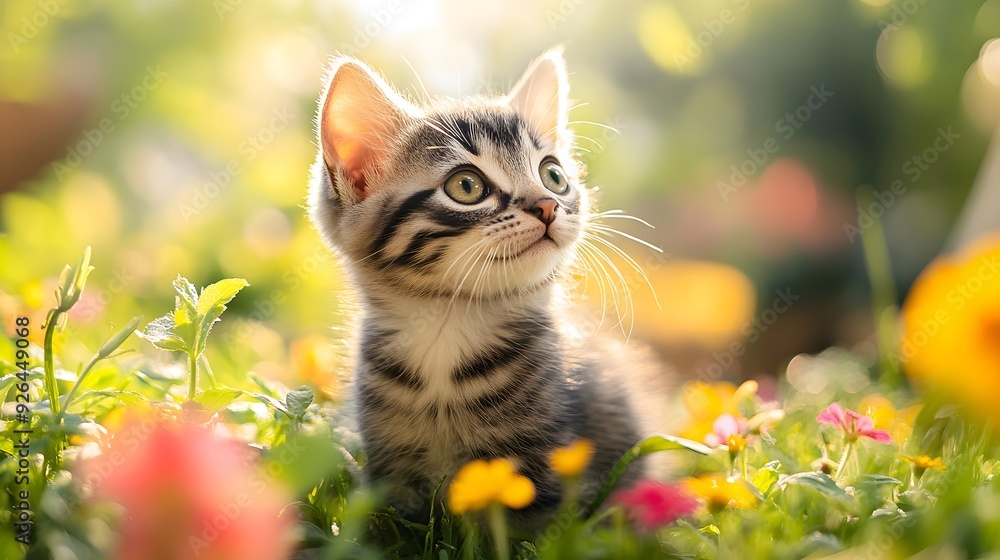 Obraz premium Playful kitten in garden, lush green grass, bright flowers, curious expression, sunlight filtering through trees, shallow depth of field, high-resolution pet photography, joyful atmosphere.