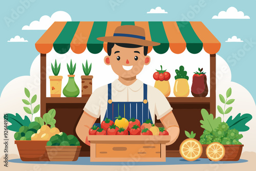 Vegetable Fruit local Shop. Happy Farmer sells fresh natural pr
