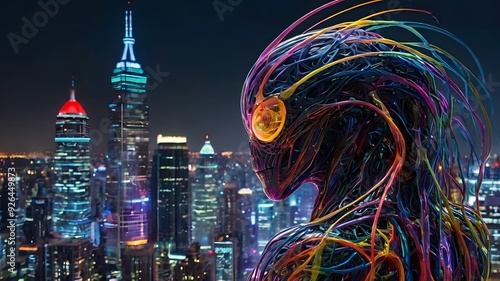 A pulsating technicolor symbiote with vibrant energy veins overlooks a futuristic cityscape at night, glowing with neon lights. photo