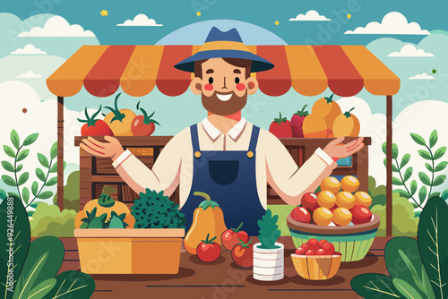 Vegetable Fruit local Shop. Happy Farmer sells fresh natural pr
