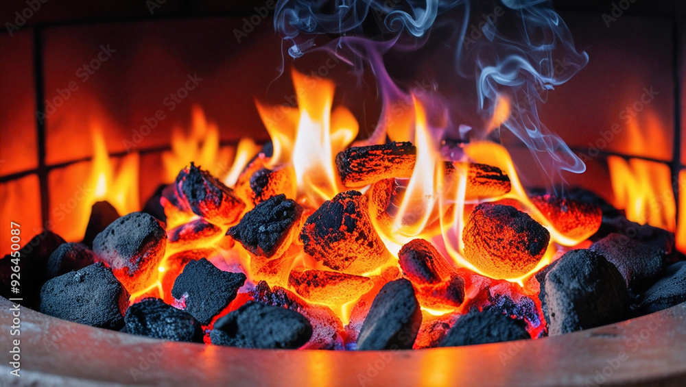 Close-up macro shot of hot coals in fireplace, Close-up macro shot of hot coals in fireplace,