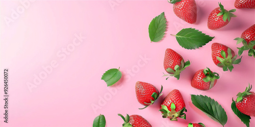 Strawberries fruit on pink background with copy space, version 3