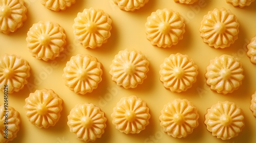 Rows of golden pineapple tarts on pale yellow background, overhead view, traditional Chinese pastries, flaky crust with intricate patterns, symmetrical arrangement, food photography.