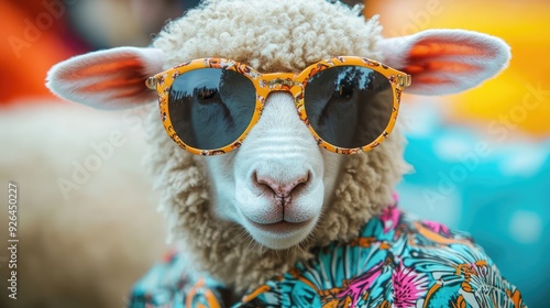 A sheep in retro-style sunglasses and a bright, patterned shirt, channeling the 70s.