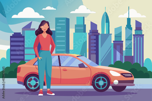 Young woman stands next to a car against the backdrop of the city. Vector illustration
