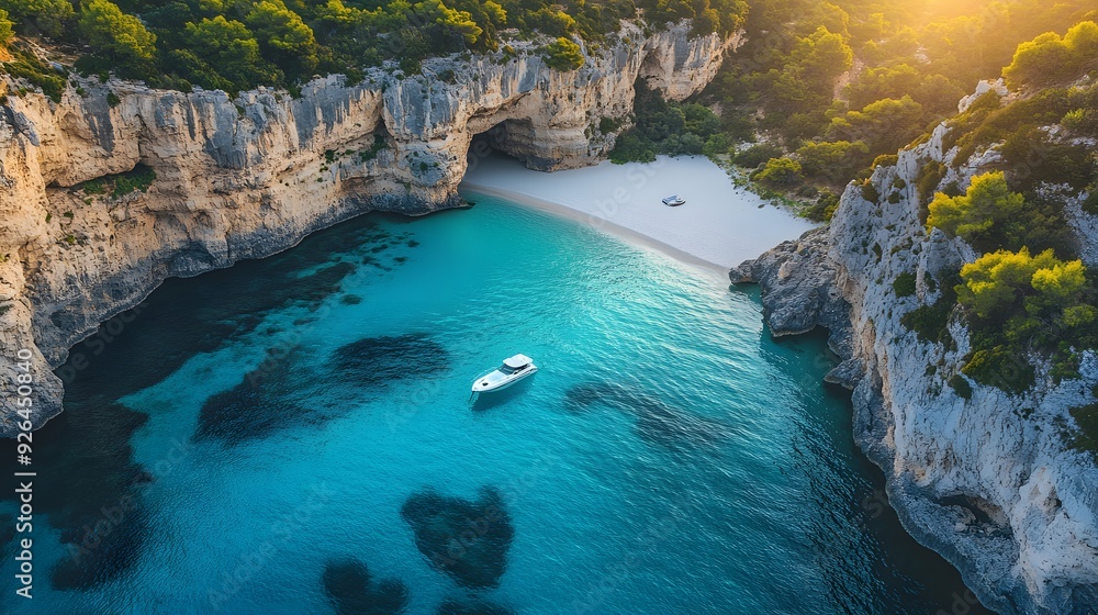 Fototapeta premium Secluded cove with crystal clear turquoise water, white sandy beach, towering limestone cliffs, lush vegetation on top, small white boat anchored near shore, calm Mediterranean Sea,.