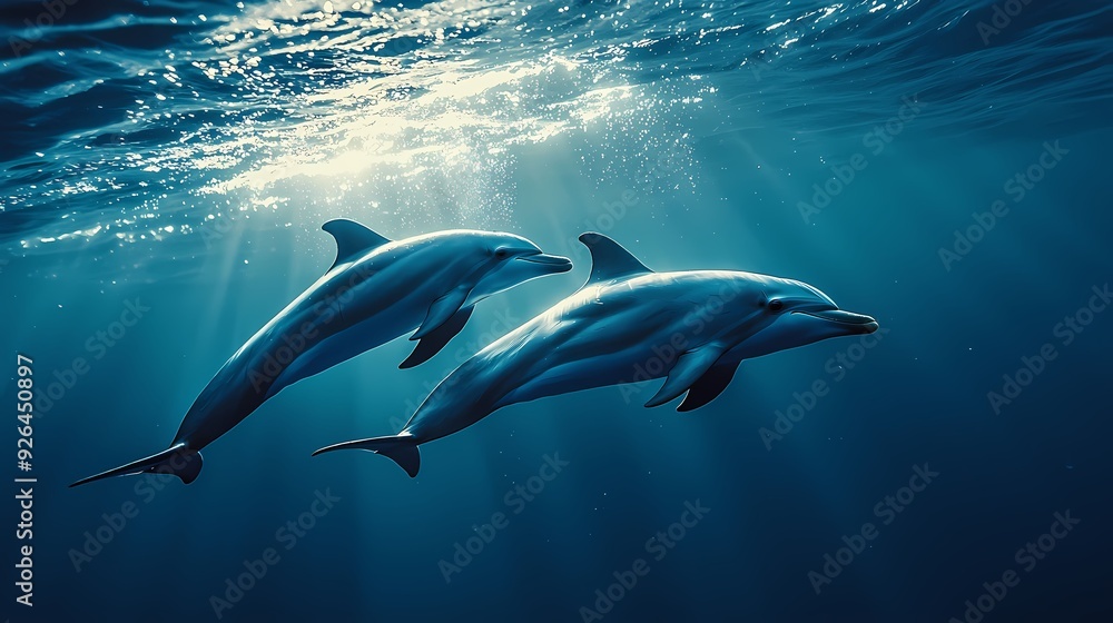 Fototapeta premium A stunning underwater scene featuring two dolphins gracefully swimming in sunlight beams, showcasing marine beauty.