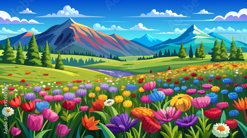 A vast meadow filled with colorful flowers stretching towards distant mountains on the horizon, under a bright blue sky