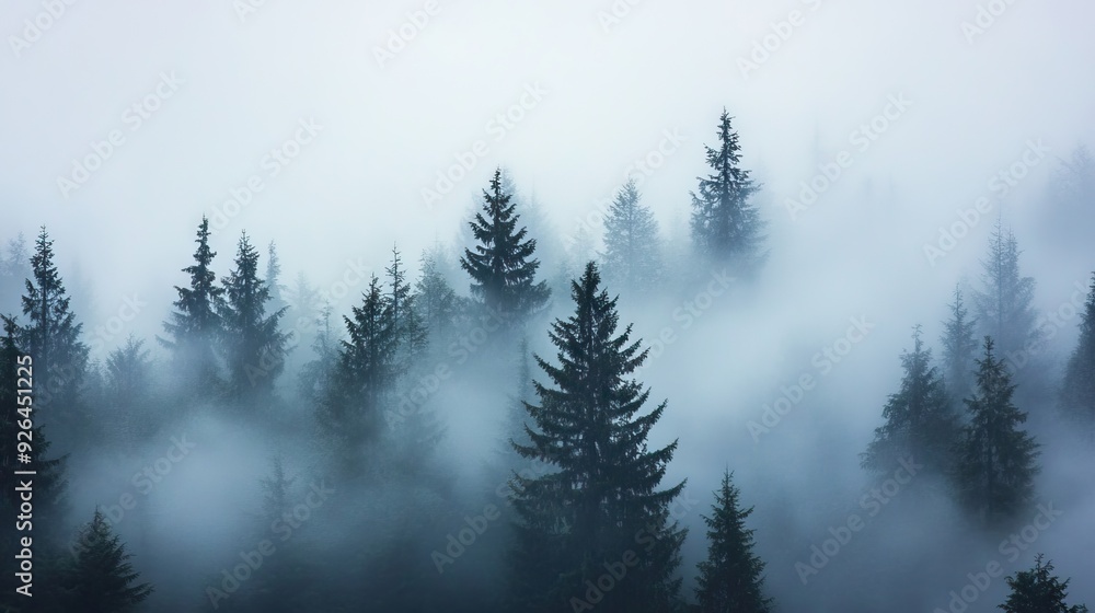 Dense Fog Enveloping a Pine Forest with Only the Tops of the Tallest Trees Visible Through the Mist, Creating a Mysterious Atmosphere. AI generated illustration Dense Fog Enveloping a Pine Forest with Only the Tops of the Tallest Trees Visible Through the Mist, Creating a Mysterious Atmosphere. AI generated illustration