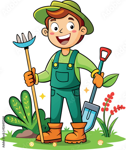 Gardener boy holding a shovel and a rake smiling in a garden