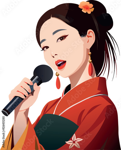 Beautiful asian woman wearing traditional dress singing with microphone