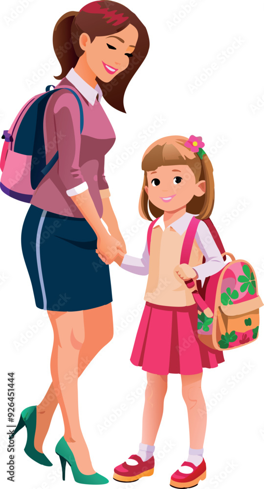 Happy mother holding her daughter's hand and going to school- Happy mother holding her daughter's hand and going to school-