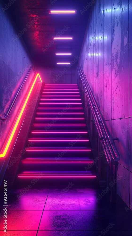 Neon Lit Staircase in a Concrete Corridor Neon Lit Staircase in a Concrete Corridor
