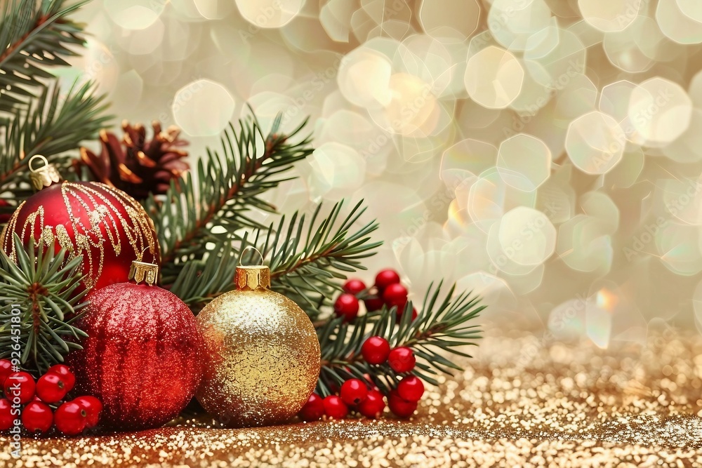Christmas card with fir and decor on glitter background Christmas card with fir and decor on glitter background