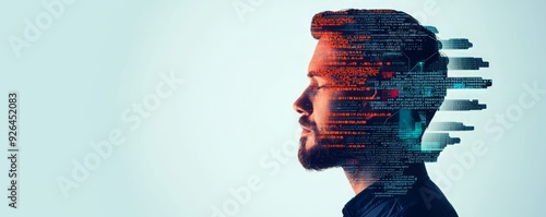 A double exposure image of a man with digital code, symbolizing technology and innovation in the modern world.