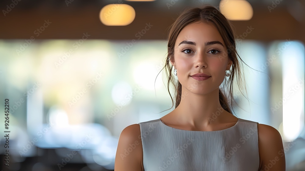 A serene portrait of a woman standing confidently indoors, showcasing elegance and poise in a modern environment.