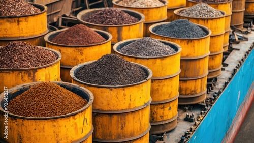 Closeup of raw materials like iron ore, oil barrels, and timber being loaded onto ships, Global Commodity Trade, highlighting the transportation and trade of essential goods