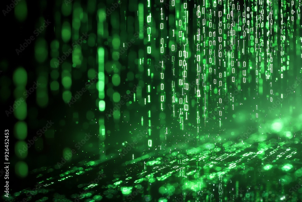Green Dark Binary Code with Data Streaming Background created with Generative AI Green Dark Binary Code with Data Streaming Background created with Generative AI