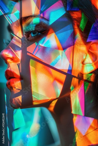 A woman's face is shown in a colorful, abstract style