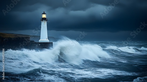 Solitary lighthouse on rugged coastline, stormy skies, powerful waves crashing, dramatic lighting, high-resolution landscape photography, coastal scenery, timeless symbol, wide-angle view.