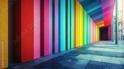 A long hallway with colorful walls and a bright blue ceiling photo