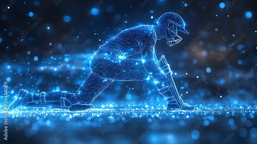 Digital blue low poly cricket player with glowing data streams AI in sports analytics, player performance tracking systems, match prediction algorithms, and training programs. wireframe player design Digital blue low poly cricket player with glowing data streams AI in sports analytics, player performance tracking systems, match prediction algorithms, and training programs. wireframe player design