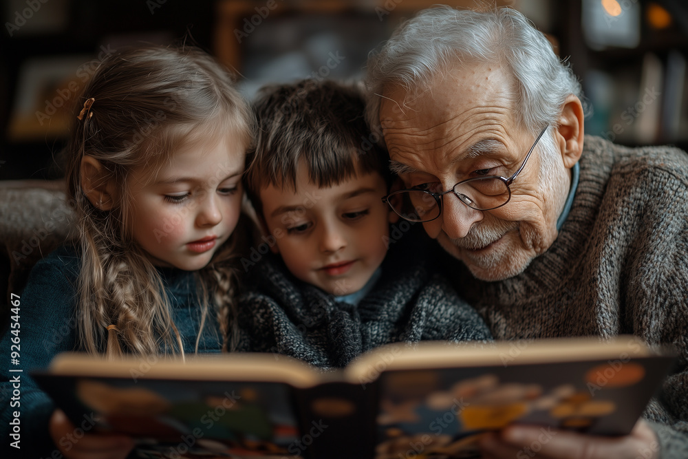 Grandparents reading a storybook to their grandchildren Grandparents reading a storybook to their grandchildren