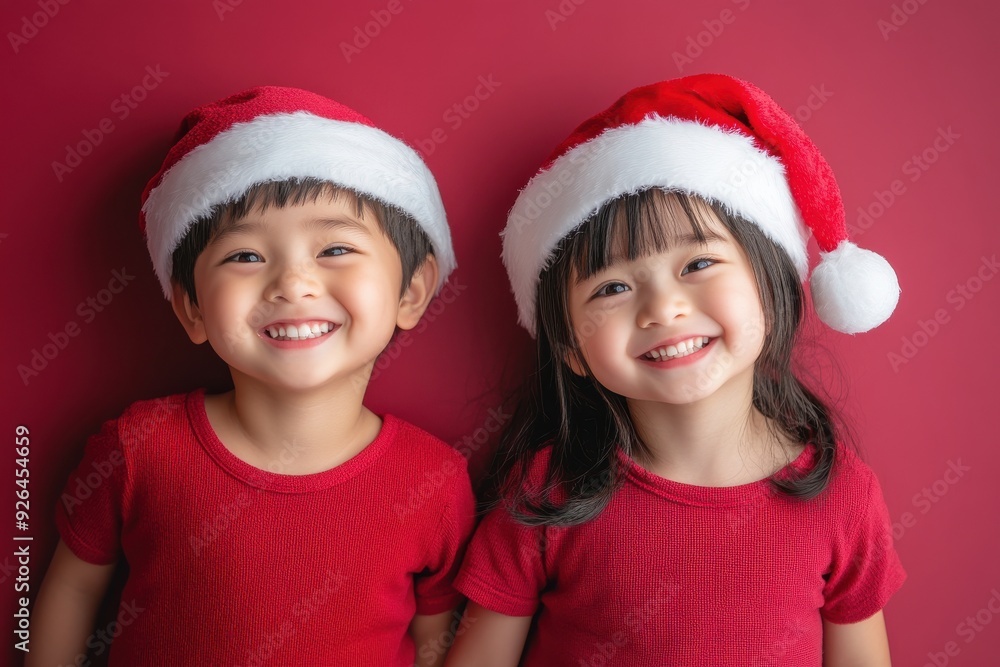 サンタ帽子をかぶったクリスマスを楽しむ日本人の子供(キッズ・兄弟・姉妹・友達・家族写真) サンタ帽子をかぶったクリスマスを楽しむ日本人の子供(キッズ・兄弟・姉妹・友達・家族写真)
