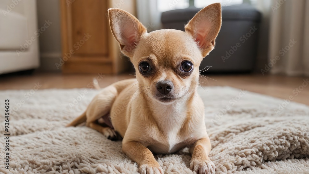 Fawn smooth coat chihuahua dog laying on the floor indoor Fawn smooth coat chihuahua dog laying on the floor indoor