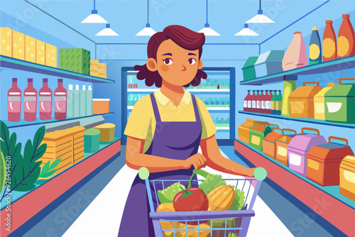 Woman with a grocery cart in the supermarket. Buying food. Customer at a retail grocery store
