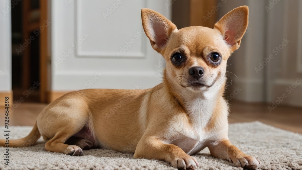 Fawn smooth coat chihuahua dog laying on the floor indoor Fawn smooth coat chihuahua dog laying on the floor indoor