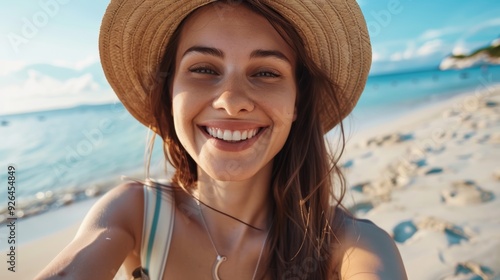 closeup shot of a good looking female tourist. Enjoy free time outdoors near the sea on the beach. Looking at the camera while relaxing on a clear day Poses for travel selfies smiling happy tropical. #926454849