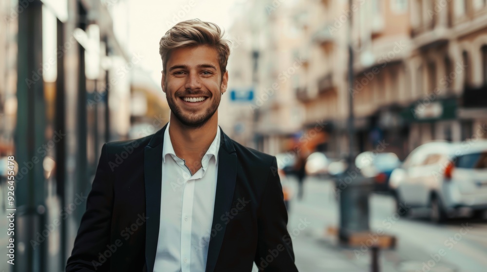 portrait of a handsome smiling white young businessman boss in a black suit walking on a city street to his company office. blurry street background, confident portrait of a handsome smiling white young businessman boss in a black suit walking on a city street to his company office. blurry street background, confident
