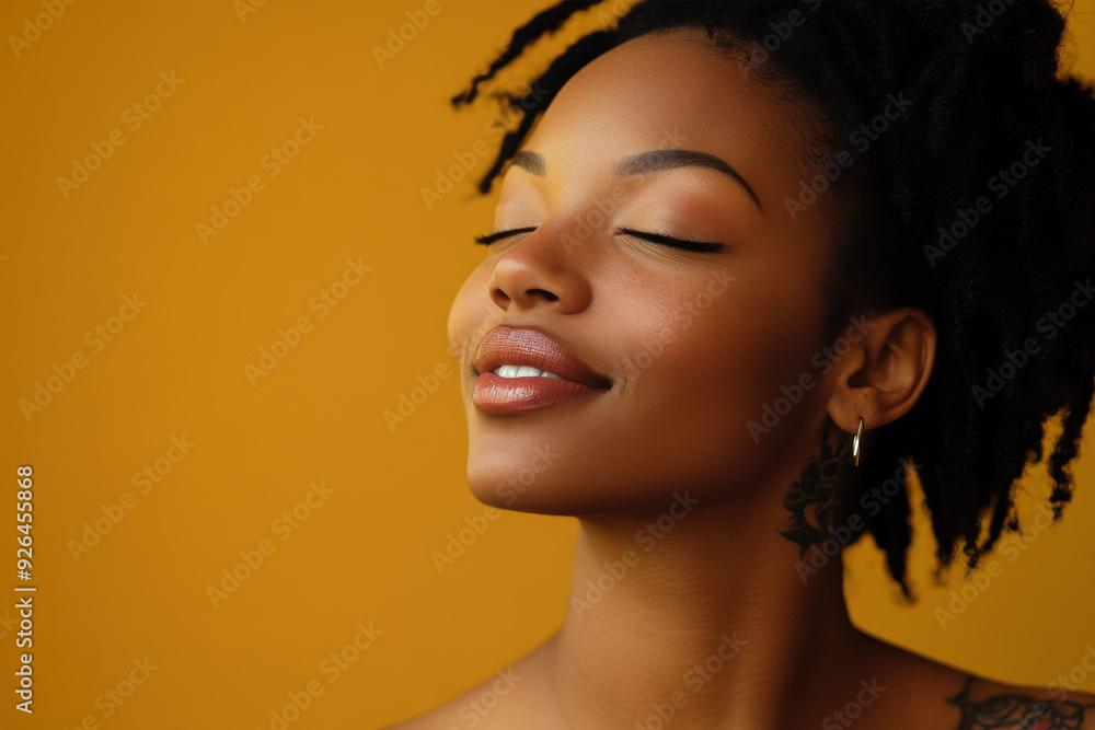 A close up of a tattooed black woman's face with her eyes closed