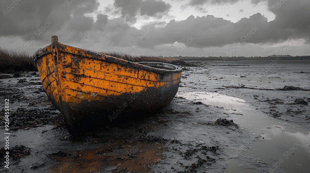 A Yellow Boat Stranded on a Muddy Shore A Yellow Boat Stranded on a Muddy Shore