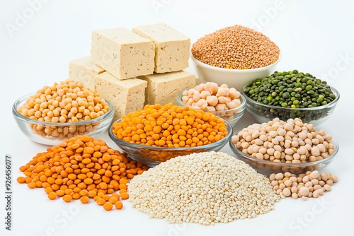 Various legumes and tofu arranged on a white background showcasing healthy plant-based ingredients