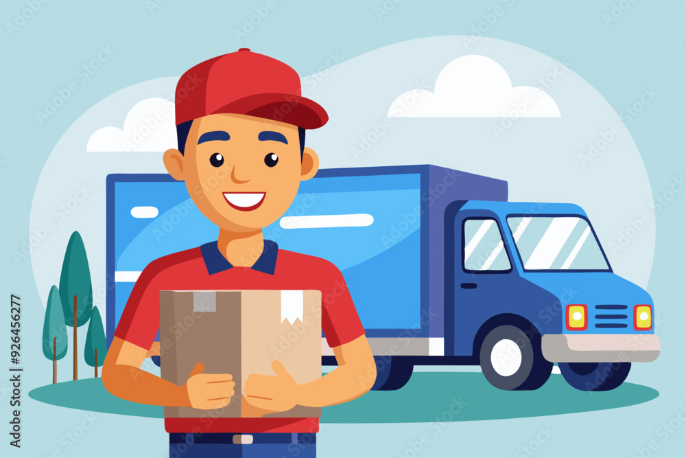 Smiling man courier with parcel on the background of a lorry. Vector illustration
Smiling man courier with parcel on the background of a lorry. Vector illustration