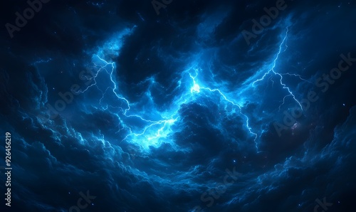 Blue Lightning Bolts Crackling Through Dark Storm Clouds