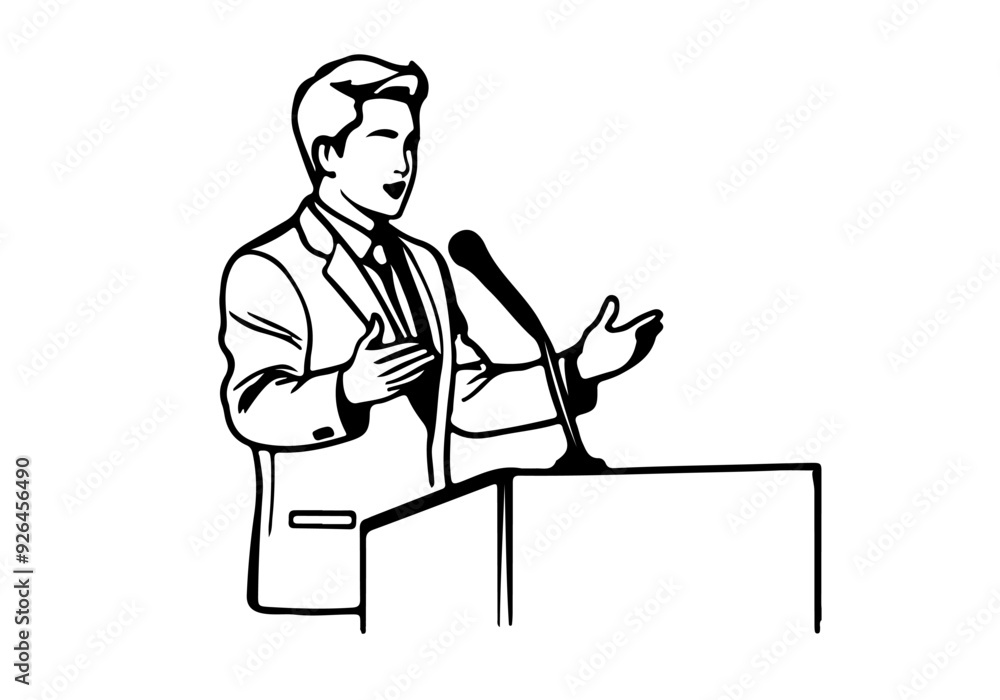 Man Speaker Silhouette Vector Illustration. Sketch Line Drawing of Speaker at Conference. Businessman Black Silhouette on White Background Man Speaker Silhouette Vector Illustration. Sketch Line Drawing of Speaker at Conference. Businessman Black Silhouette on White Background