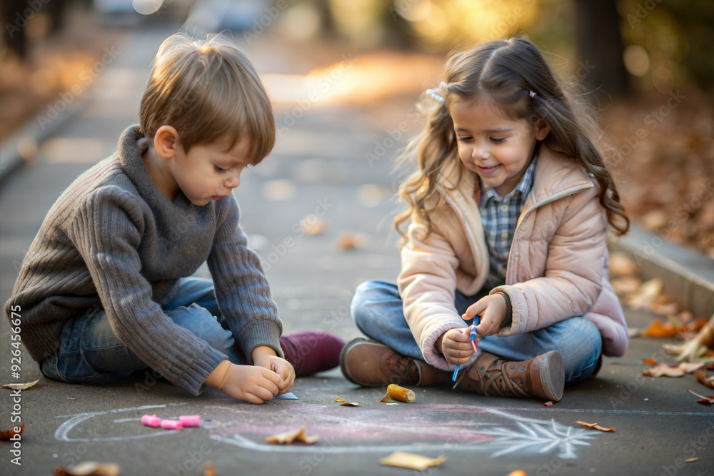 Naklejka premium Two Children Drawing with Chalk on Autumn Path