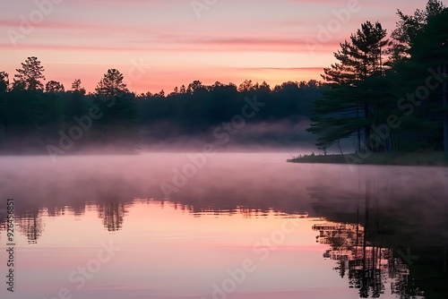 A tranquil lake at dawn with mist rising gently from its surface. The sky is painted with various colors while sunrise. The lake is surrounded by pine trees, their reflections mirrored in the water.