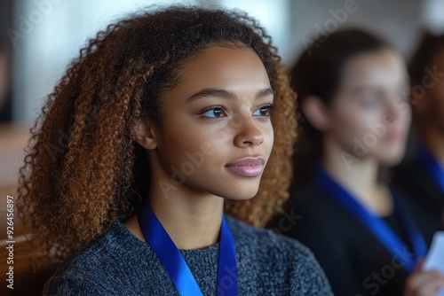 Young woman with blue ribbon attending World Diabetes Day event photo