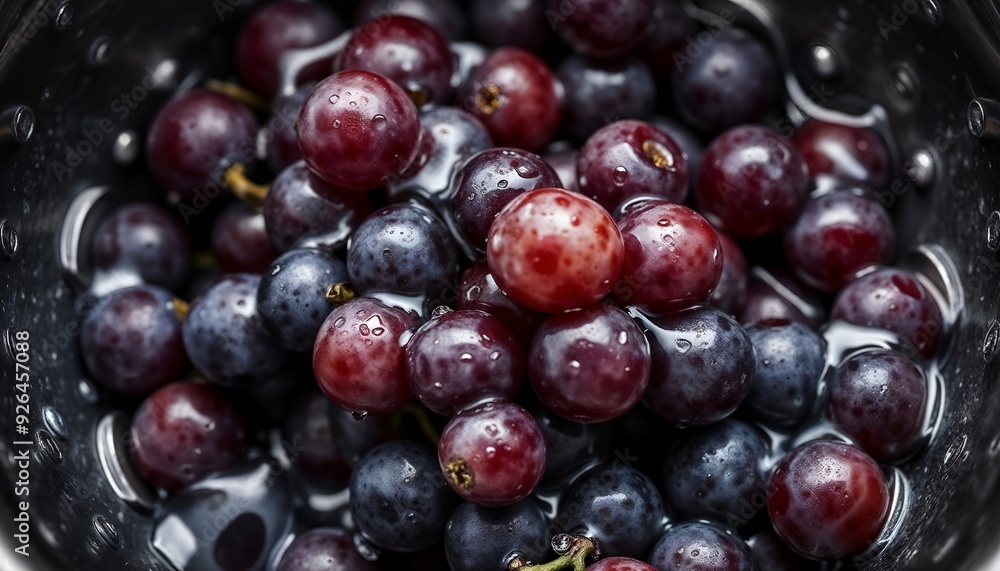 High-Angle Shot of Freshly Washed Grapes in a Colander with Glistening Water Droplets on the Surface, Captured in Cool Diffused Lighting from Above High-Angle Shot of Freshly Washed Grapes in a Colander with Glistening Water Droplets on the Surface, Captured in Cool Diffused Lighting from Above
