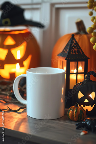 White mug is set against a simple background, ready for Halloween designs, blending festive. Generative ai.